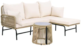Set de mobilier de grădină cu cadru din fier, acoperit cu frânghie împletită manual și design în formă de L, Bej