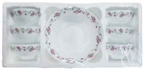 Set 6 boluri si castron din porțelan decorat cu bandă de flori roz