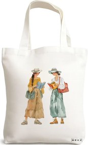Sacosa de Panza pentru Cumparaturi, Geanta Tote, model The bookie girl 21 38 x 34.5 cm, Alba, BEKZ®