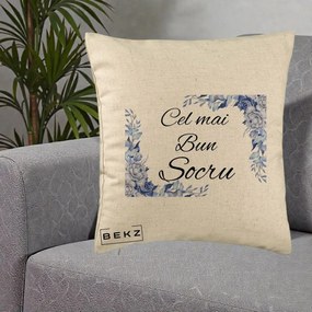 Cadou pentru Socru - Perna Personalizata Cel mai Bun Socru cu Flori Albastre Acuarela, 40x40 cm, Bej, Husa Detasabila, Perna Inclusa, BEKZ®