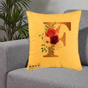Cadou Personalizat - Perna Personalizata Monograma Rose Gold Litera F, 40x40 cm, Galben, Husa Detasabila, Perna Inclusa, BEKZ®