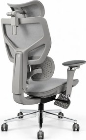 Scaun ergonomic ANEW ARYSE D6, Suport lombar dublu adaptiv 360°, Cotiere 5D, Tetieră 3D, Șezut mesh, Mecanism sensibil la greutate, Bază cromată, Suport pentru picioare, Gri