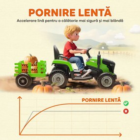 AIYAPLAY Tractor Electric 2 în 1 pentru Copii 3-8 Ani 12V cu Remorcă Detașabilă, Mașină Electrică pentru Copii cu Telecomandă, Centură de Siguranță, Muzică, Lumini LED și Claxon, Verde | Aosom Romania