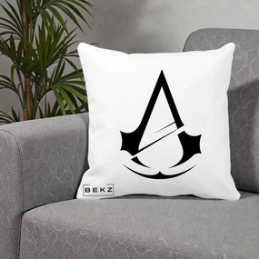 Perna Personalizata Assassin's Creed Minimalist, 40x40 cm, Alba Mata, Husa Detasabila, Perna Inclusa, BEKZ®