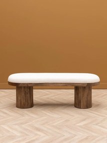 Banchetă din lemn de mango natur cu șezut din bumbac alb și picioare cilindrice cu linii sculpturale, finisaj lucios, 126,5×46×41 cm, „Soucha"