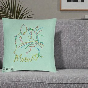 Perna Personalizata Pisica Meow Arta Linie Colorata, 40x40 cm, Verde Menta, Husa Detasabila, Perna Inclusa, BEKZ®