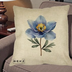 Perna Decorativa Anemona Albastra Botanica, 40x40 cm, Crem, Husa Detasabila, Perna Inclusa, BEKZ®