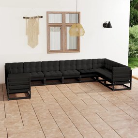 3077323 vidaXL Set mobilier grădină cu perne, 10 piese, negru, lemn masiv pin