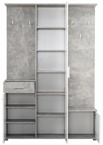 Cuier hol Calista cu 10 agatatori, oglinda, dulap si comoda, beton + alb cu 3 usi ,134x200cm