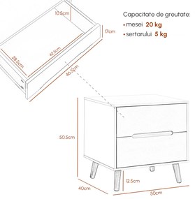 HOMCOM Noptieră Modernă cu 2 Sertare Masă Laterală Picioare Lemn Masiv pentru Dormitor sau Living 50x40x50.5cm | Aosom Romania