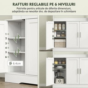 HOMCOM Dulap Bucătărie de 180cm, Dulap Înalt cu 4 Compartimente, Uși din Sticlă Securizată, 2 Rafturi Deschise, Rafturi Reglabile, Blat pentru Electrocasnice, pentru Bucătărie sau Living, Alb | Aosom Romania
