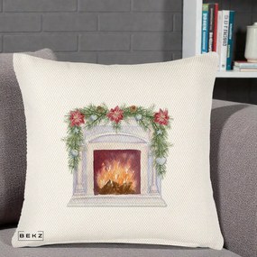 Perna Decorativa Semineu de Craciun Watercolor, 40x40 cm, Crem Reliefat, Husa Detasabila, Perna Inclusa, BEKZ®