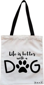Sacosa de Panza pentru Cumparaturi, Geanta Tote, model Life is better with a doggo, Cu fermoar, 38x34.5 cm, Alba, BEKZ®