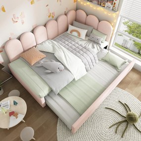 Pat de zi tapițat cu pat extensibil, canapea de dormit 2-în-1 cu tapițerie din catifea și somieră, fără saltea, pat principal 90x200 cm / pat extensibil 90x190 cm, Roz