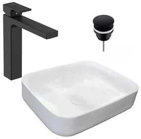 Pachet lavoar pe blat Rea Demi Slim alb 51 cm, baterie lavoar Hansgrohe Vernis Shape 190 negru si ventil lavoar Click-Clack negru