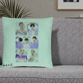 Perna Personalizata K-pop BTS Colaj 7 Portrete cu Inimi Lila, 40x40 cm, Verde Menta, Husa Detasabila, Perna Inclusa, BEKZ®