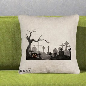 Perna Decorativa Halloween Cimitir Acuarela cu Dovleac, 40x40 cm, Bej Canapea, Husa Detasabila, Perna Inclusa, BEKZ®