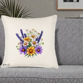 Perna Decorativa Lavanda Musetel si Flori Mov, 40x40 cm, Crem Reliefat, Husa Detasabila, Perna Inclusa, BEKZ®