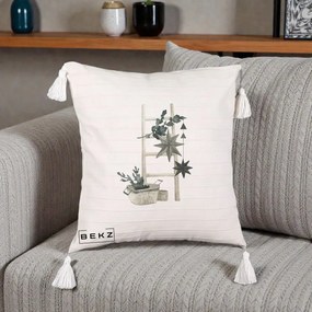 Perna Decorativa Scara Scandinavica cu Stele, 40x40 cm, Bej cu Franjuri, Husa Detasabila, Perna Inclusa, BEKZ®