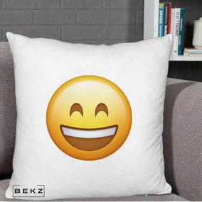 Perna Decorativa Emoji Zambet Mare, 40x40 cm, Alb Pufos, Husa Detasabila, Perna Inclusa, BEKZ®