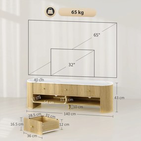 HOMCOM Comodă TV 140 cm, mobilier pentru televizor 165 cm cu aspect de marmură 3 sertare fețe canelate aspect lemn natural | Aosom Romania