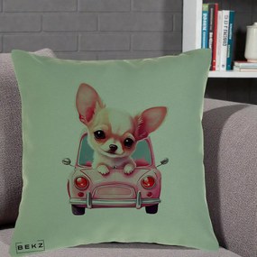 Perna Decorativa Chihuahua Roz in Masinuta, 40x40 cm, Verde, Husa Detasabila, Perna Inclusa, BEKZ®