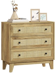 HOMCOM Comoda cu 3 Sertare Comoda de Lemn cu Frontale din Ratan Stil Cannage pentru Dormitor 80x35x76 cm Natural | Aosom Romania