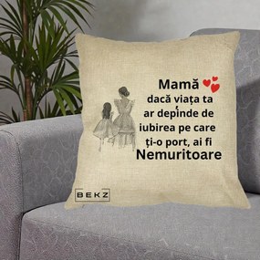 Cadou pentru Mama - Perna Personalizata Mama Nemuritoare Line Art, 40x40 cm, Crem, Husa Detasabila, Perna Inclusa, BEKZ®