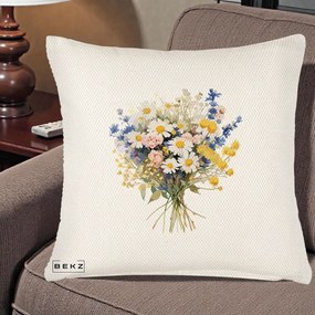 Perna Decorativa Buchet Camp Acuarela Margarete-Lavanda, 40x40 cm, Crem Reliefat, Husa Detasabila, Perna Inclusa, BEKZ®