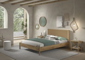 Pat dublu OLIVE, 160 x 200 cm, cu tăblie din lemn cu aspect de stejar și detalii din sfoară împletită, design modern, fără somieră inclusă, cu