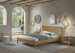 Pat dublu OLIVE, 160 x 200 cm, cu tăblie din lemn cu aspect de stejar și detalii din sfoară împletită, design modern, fără somieră inclusă, cu