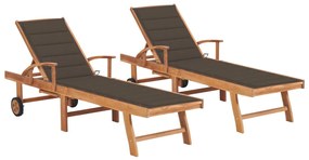 vidaXL Șezlonguri cu pernă gri taupe, 2 buc., lemn masiv de tec