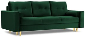 Canapea extensibila 3 locuri Leona cu tapiterie din catifea si picioare din metal auriu, verde