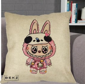 Perna Personalizata Labubu Panda-Bunny Roz, 40x40 cm, Crem, Husa Detasabila, Perna Inclusa, BEKZ®