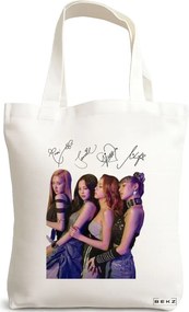 Sacosa de Panza pentru Cumparaturi, Geanta Tote, model Blackpink 9 cu semnaturii, 38x34.5 cm, Alba, BEKZ®