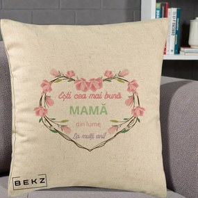 Cadou pentru Mama - Perna Personalizata Esti Cea mai Buna Mama din Lume La Multi Ani cu Inima Florala, 40x40 cm, Bej, Husa Detasabila, Perna Inclusa, BEKZ®