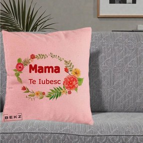 Cadou pentru Mama - Perna Personalizata Mama Te Iubesc Flori Rosii, 40x40 cm, Roz, Husa Detasabila, Perna Inclusa, BEKZ®