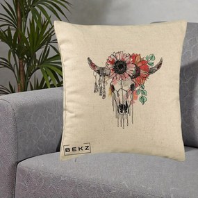 Perna Decorativa Craniu Boho Floral, 40x40 cm, Bej, Husa Detasabila, Perna Inclusa, BEKZ®