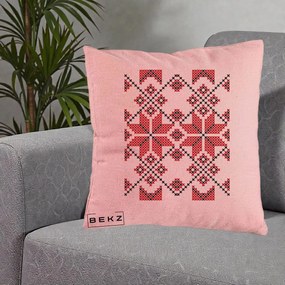 Perna Personalizata Motiv Traditional Cusatura Rosu-Negru, 40x40 cm, Roz, Husa Detasabila, Perna Inclusa, BEKZ®