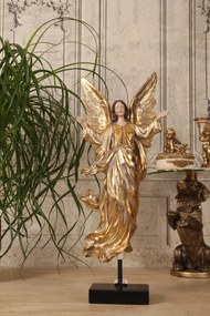 Statuetă decorativă din polirășină, crem, înger pe suport, detalii aurii, 50 x 21 x 12,5 cm, „Gabriel”