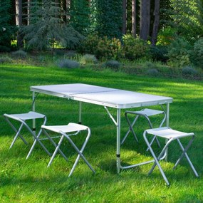 Set mobilier de camping pliabil, Jumi, alb, masă cu picioare reglabile și 4 tabureți