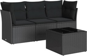 vidaXL Set mobilier de grădină cu perne, 4 piese, negru, poliratan