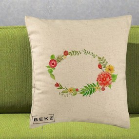 Perna Decorativa Coroana Florala Acuarela, 40x40 cm, Bej, Husa Detasabila, Perna Inclusa, BEKZ®