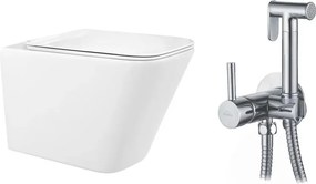 Pachet vas wc suspendat Rea, capac softclose si set dus igiena intima crom cu baterie incastrata Invena Bidetta