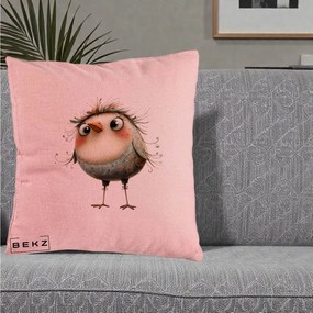 Perna Decorativa Pasare cu Penaj Zbarlit si Gene, 40x40 cm, Roz, Husa Detasabila, Perna Inclusa, BEKZ®