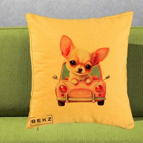 Perna Decorativa Chihuahua Roz in Masinuta, 40x40 cm, Galben, Husa Detasabila, Perna Inclusa, BEKZ®