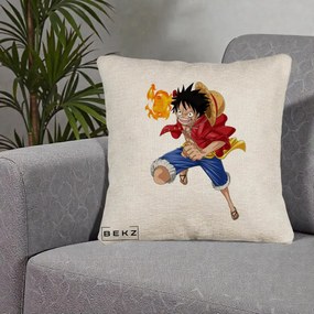 Perna Personalizata One Piece Luffy Gear Second Foc, 40x40 cm, Bej Canapea, Husa Detasabila, Perna Inclusa, BEKZ®