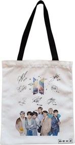 Sacosa de Panza pentru Cumparaturi, Geanta Tote, model BTS Army 9 cu semnaturii, Cu fermoar, 38x34.5 cm, Alba, BEKZ®