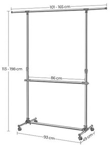 Suport pentru haine reglabil cu roti, Songmics, 2 sine, 101-163 x 49 x 113-198 cm, LLR401, Gri