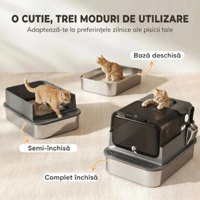 PawHut Litieră Închisă pentru Pisici 52 L din Oțel Inoxidabil, cu Capac Rabatabil, Acces Dublu și Lopățică, Negru | Aosom Romania